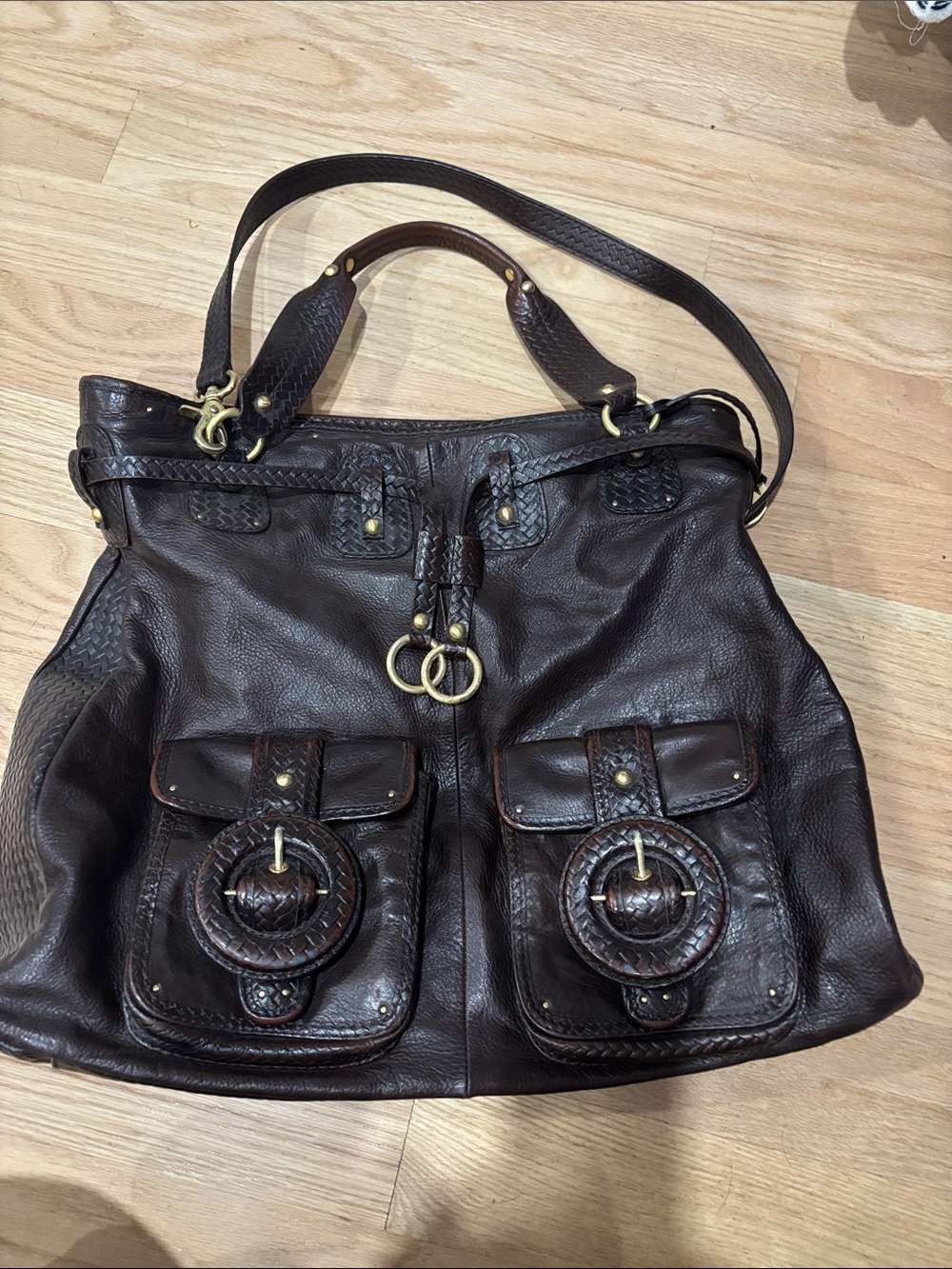Elliott Lucca Dark Brown Leather Shoulder Bag with Gold-Tone Rings